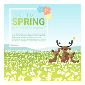 Hello spring landscape background with deer family Stock Illustration