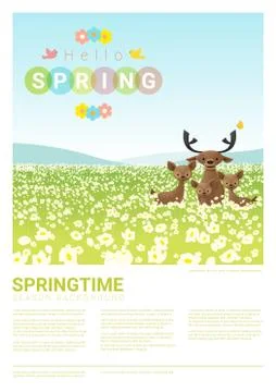 Hello spring landscape background with deer family Stock Illustration