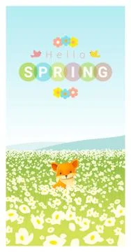 Hello spring landscape background with fox Stock Illustration