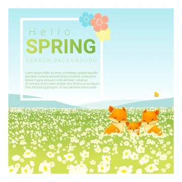 Hello spring landscape background with fox family Stock Illustration