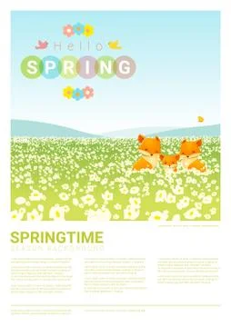 Hello spring landscape background with fox family Stock Illustration