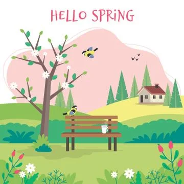 Hello spring, landscape with bench, flourishing tree, house, fields and nature Stock Illustration