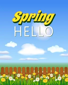 Hello spring landscape field green grass, daisy, dandelion flowers Stock Illustration