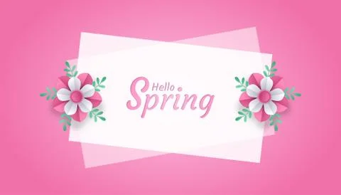 Hello Spring landscape with flower and leaf paper cut art style in pink backg 스톡 일러스트