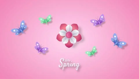 Hello Spring landscape with flower and butterfly paper cut art style in pink  Stock-Illustration