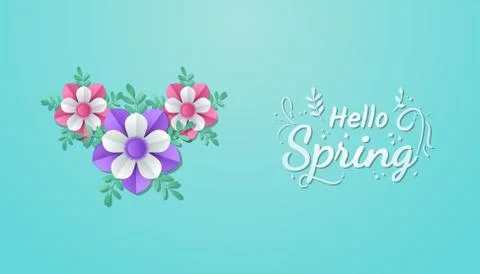 Hello Spring landscape with flower and leaves paper cut art style in blue bac Illustrazione stock
