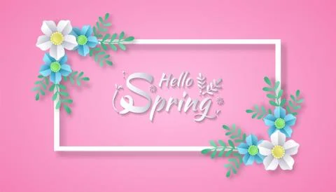 Hello Spring landscape with flower and leaves paper cut art style in pink bac Stock Illustration