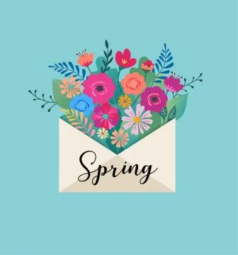 Hello spring, letter envelope with flower bouquet Stock Illustration