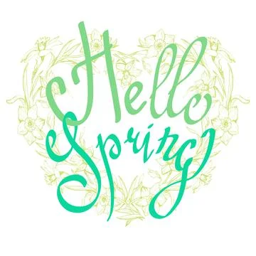 Hello Spring lettering calligraphy phrase in aqua menthe on floral heart. Stock Illustration