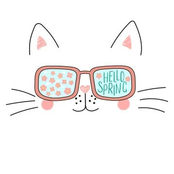 Hello Spring lettering with cat in glasses Illustrazione stock