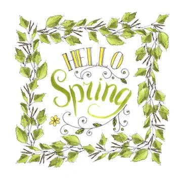 Hello spring lettering in a frame of birch leaves Illustrazione stock