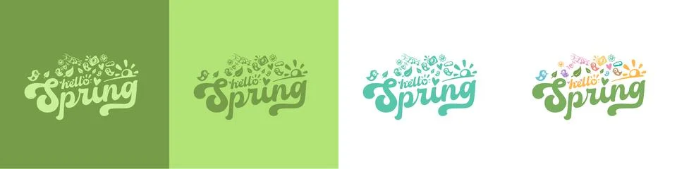 Hello Spring lettering set with nature doodles and eco icons, green typography Stockillustratie