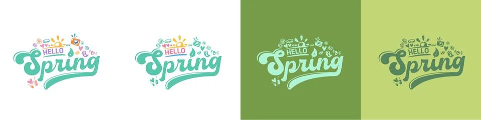 Hello Spring lettering set with nature doodles and eco icons, green typography Stockillustratie