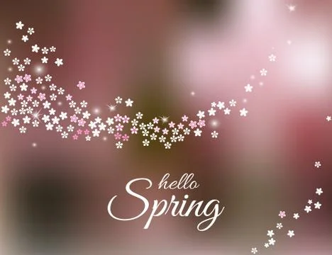 Hello Spring lettering with sparkling stream from sakura flowers on blurred p Stock Illustration