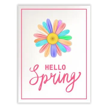 Hello Spring lettering template banner with fresh flower multi colored daisies Stock Illustration