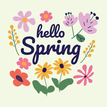 Hello Spring Lettering Vector Card Template. Cute Naive Floral Elements and.. Stock Illustration