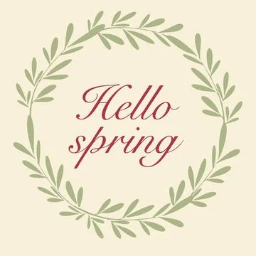 Hello spring logo in flat style with flowers, leaves and geometric shapes. Stock Illustration