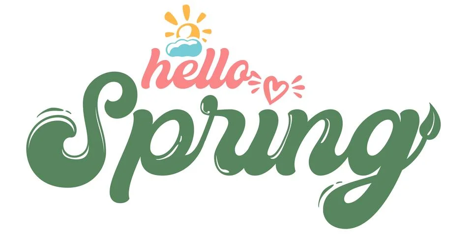 Hello Spring mint green lettering with sun icon, minimalist retro typography for Stockillustratie