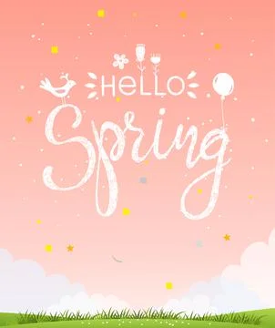 Hello Spring. Modern summer poster with background of natural landscape Stock Illustration