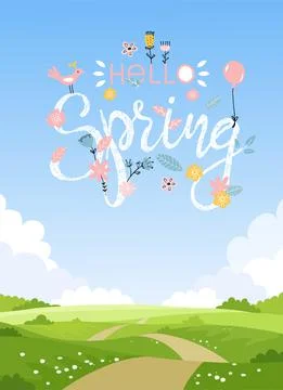Hello Spring. Modern summer poster with background of natural landscape. Beau Stock Illustration