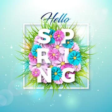 Hello Spring Nature Theme Illustration with Colorful Flower and Green Grass on Illustrazione stock