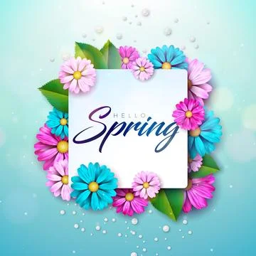 Hello Spring Nature Theme Illustration with Colorful Flower and Green Leaves on Illustrazione stock