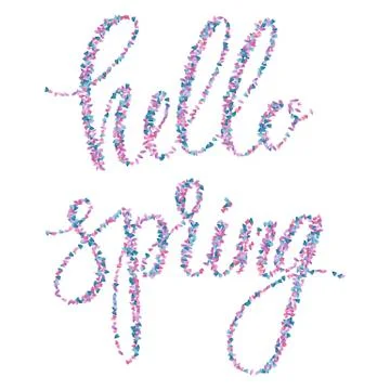 "Hello spring" phrase. Interlaced words made of petals. Brush pen calligraphy Stock Illustration