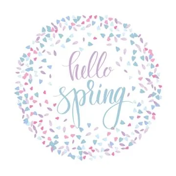 Hello spring phrase with petals. Brush pen calligraphy. Illustrazione stock