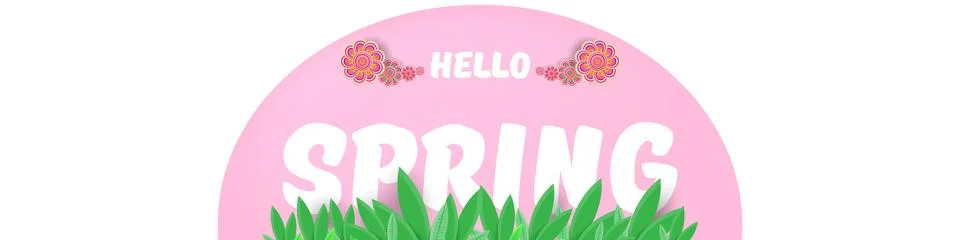 Hello spring pink and white horizontal banner with text and flowers. hello Stock Illustration