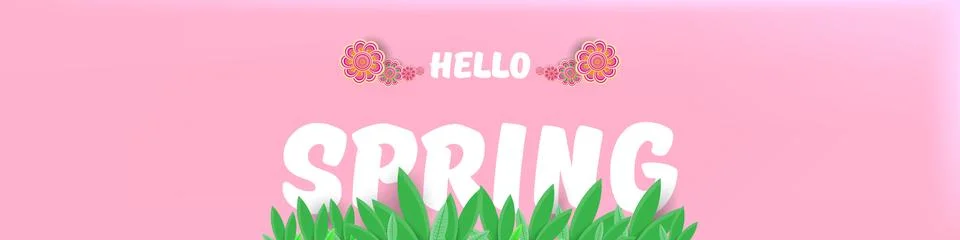 Hello spring pink horizontal banner with text and flowers on soft pink Stock Illustration