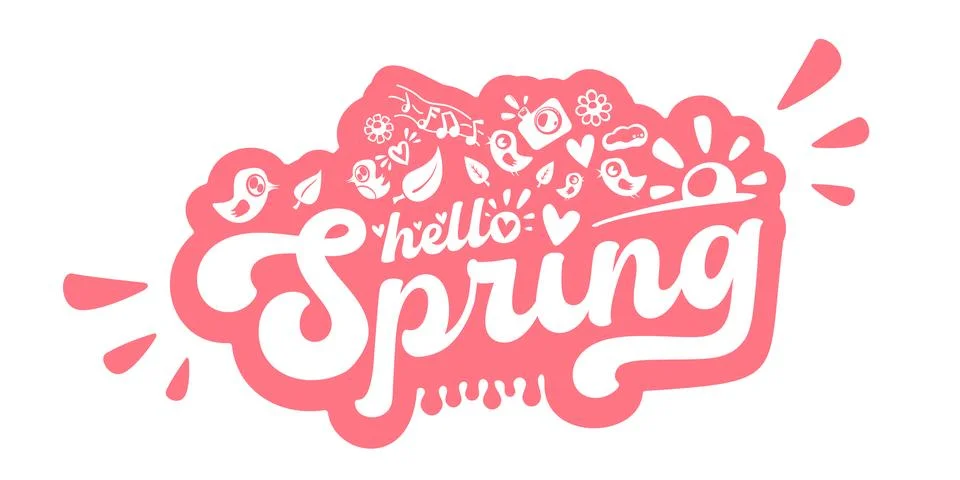 Hello Spring pink sticker with cute icons of birds, flowers, and hearts Stockillustratie