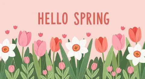 Hello Spring: Pink Tulips, Daffodils, Green Leaves, Pastel Background イラスト素材