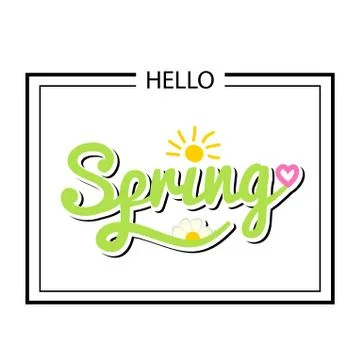 Hello spring postcard in a black frame isolated on white background. Stock Illustration