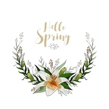 Hello spring postcard half wreath with lily flowers and lettering Stock Illustration