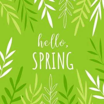 Hello Spring. Postcard with hand-drawn plant elements. Doodle style, modern f Stock Illustration