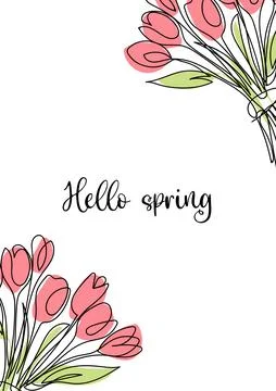 Hello spring, postcard line art, bouquet of tulips single line drawing. vec.. Stock Illustration