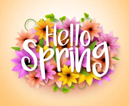 Hello Spring Poster Design in Realistic Colorful Vector Stock Illustration