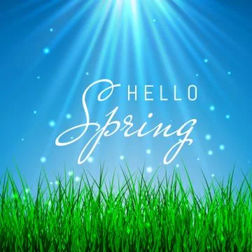 Hello Spring Poster With green grass and blue sky, Vector Illustration. Stock Illustration