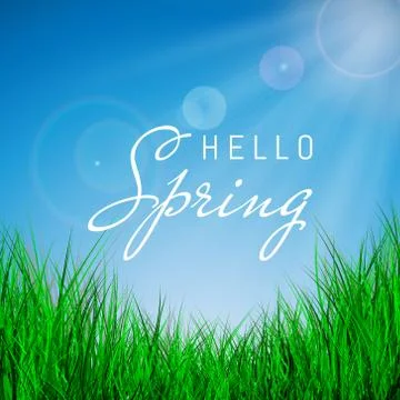 Hello Spring Poster With green grass and blue sky, Vector Illustration. Stock Illustration