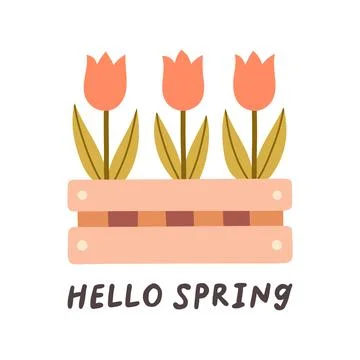 Hello spring quotes. Floral springtime hand drawn prints design. Positive Stock Illustration