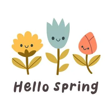 Hello spring quotes. Floral springtime hand drawn prints design. Positive Stock Illustration