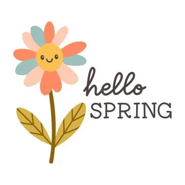 Hello spring quotes. Floral springtime hand drawn prints design. Positive Stock Illustration