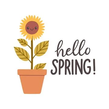 Hello spring quotes. Floral springtime hand drawn prints design. Positive Stock Illustration
