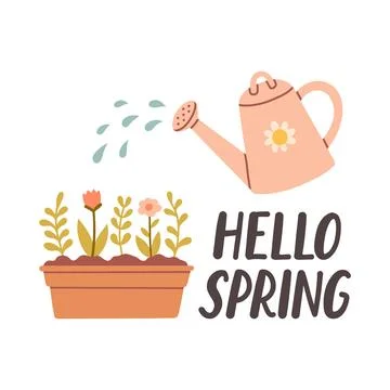 Hello spring quotes. Floral springtime hand drawn prints design. Positive Stock Illustration