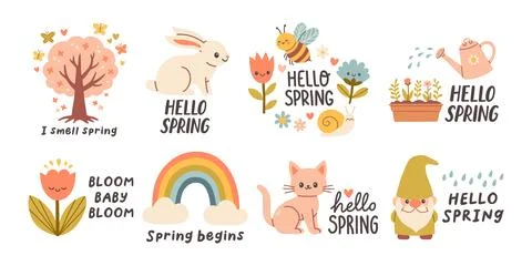 Hello spring quotes set. Floral springtime hand drawn prints design. Positive Stock Illustration