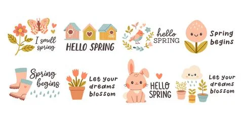 Hello spring quotes set. Floral springtime hand drawn prints design. Positive Stock Illustration