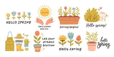 Hello spring quotes set. Floral springtime hand drawn prints design. Positive Stock Illustration