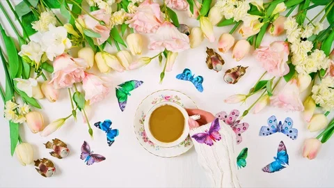 Hello Spring relaxing tea break creative composition concept. Stop motion. 스톡 동영상 125602737
