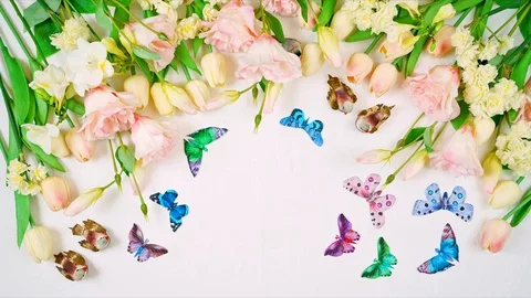 Hello Spring relaxing tea break creative composition concept. Stop motion. 스톡 동영상 125603051