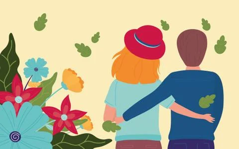 Hello spring romantic couple flowers leaves seasonal Stock Illustration
